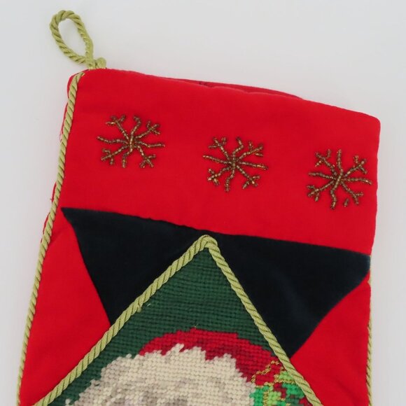 Santa Claus Needlepoint Red Green Velvet Beaded Snowflake Christmas Stocking - Picture 2 of 8